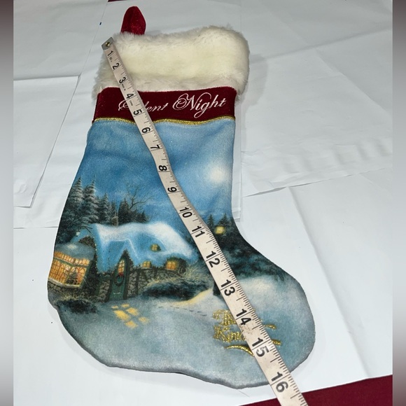 THOMAS KINKADE Silent Night Christmas Stocking Gold Embroidery 15" Satin Lining - Picture 5 of 13